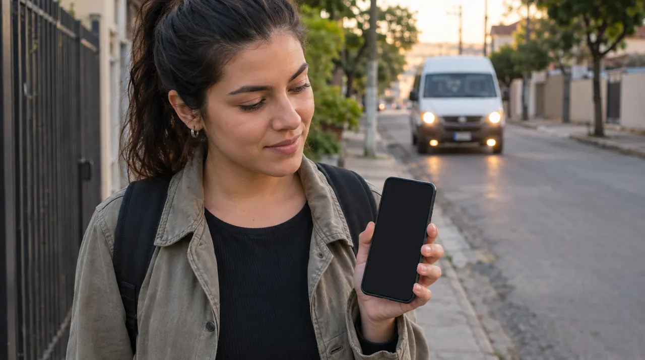 Passageira na calçada acompanhando a van se aproximar pelo celular com o RotaCerta