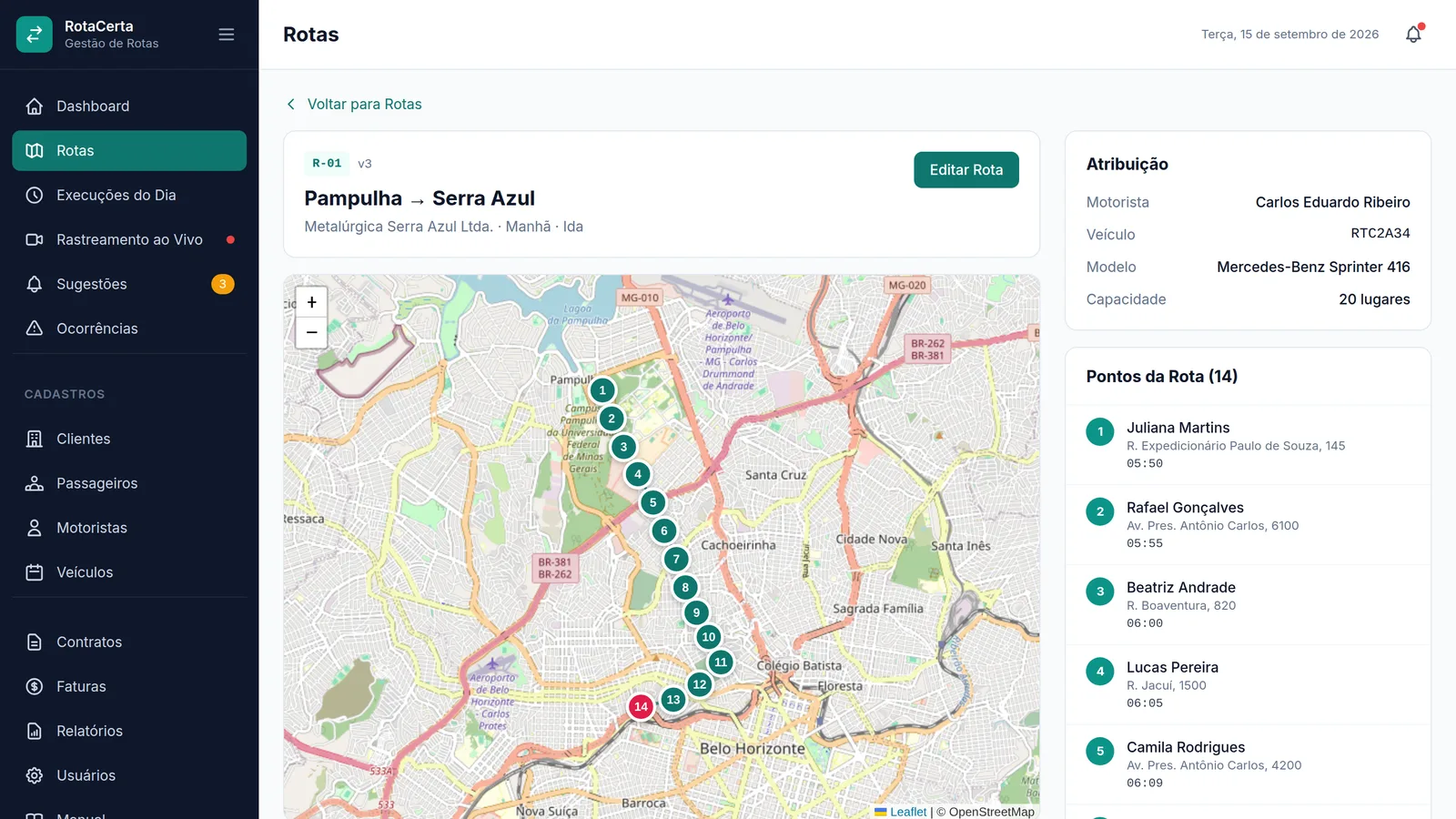 Mapa de uma rota no RotaCerta com os pontos numerados na ordem de visita e a atribuição de motorista e veículo