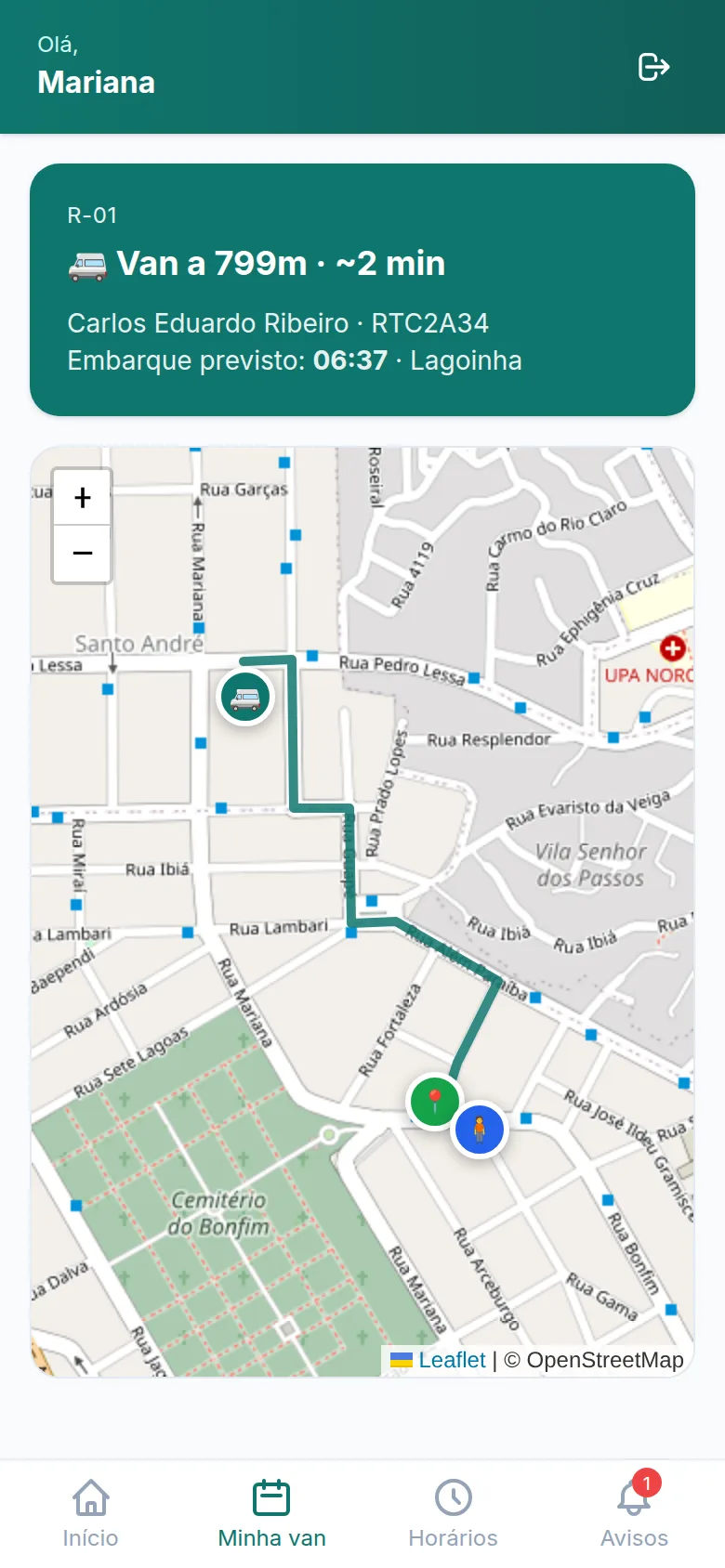 App do passageiro: van a 799 metros, cerca de 2 minutos, motorista e placa identificados, mapa com o trajeto até o ponto de embarque